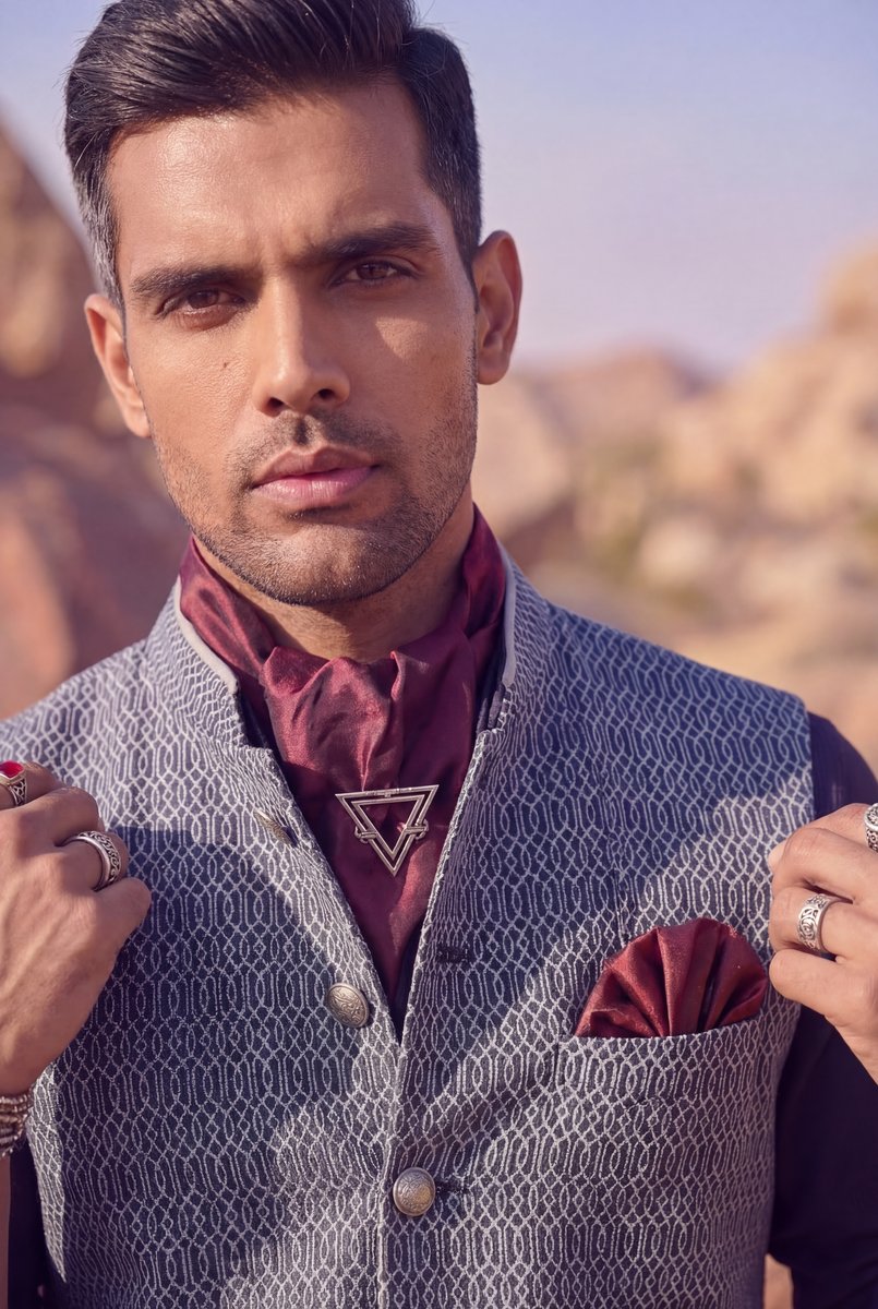 AI-generated men's ethnic fashion photo — grey patterned waistcoat with maroon shirt in desert setting